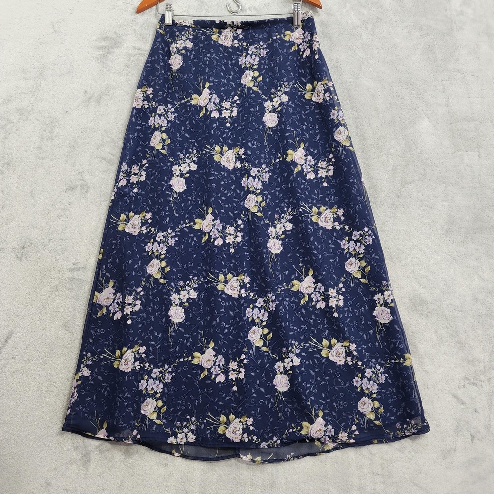 Vintage Impressions Skirt Womens L Blue Floral Chiffon A-Line Maxi Lined Prairie